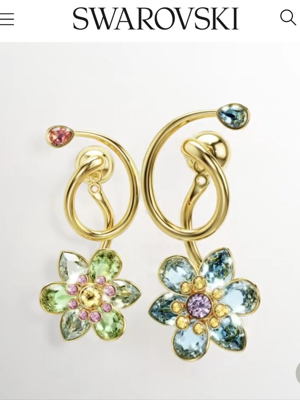 Swarovski Idyllia Gold Tone Floral Crystal Drop Earrings in Green, Blue & Pink
